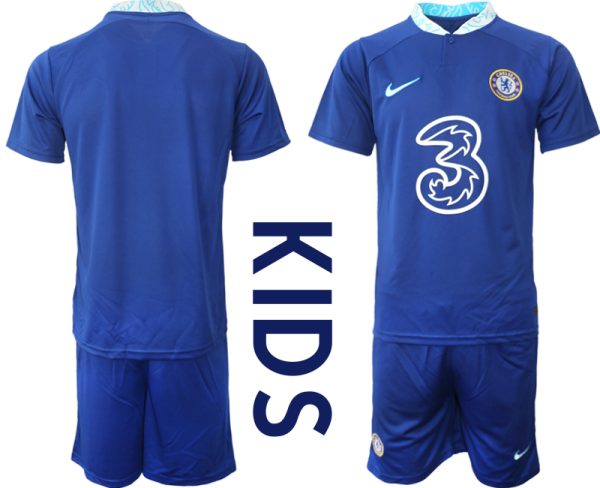 Chelsea FC 2022/23 Kinder Heimtrikot Blau Kurzarm + Kurze Hosen Online Kaufen