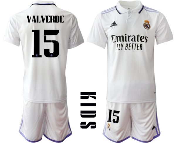 Günstige Fussballtrikot Kinder Heimtrikot Real Madrid Home Trikot weiß lila 2022/23 VALVERDE #15