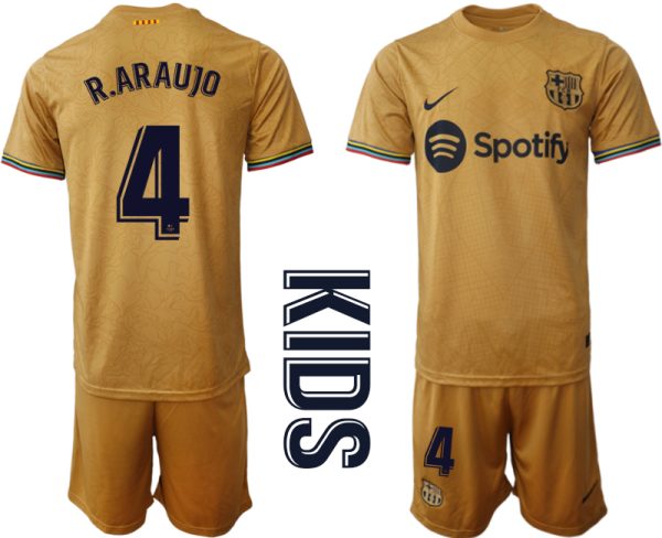 Kinder FC Barcelona 22-23 Auswärtstrikot Goldene Grundfarbe Kurzarm + Kurze Hosen R.ARAUJO 4
