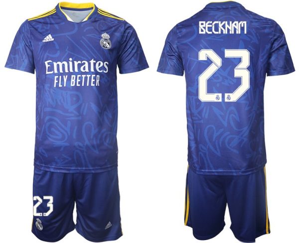 Real Madrid Herren Auswärtstrikot 2022 blau/weiß mit Aufdruck Beckham 23 – Bild 2