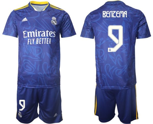 Real Madrid Herren Auswärtstrikot 2022 blau/weiß mit Aufdruck Benzema 9 – Bild 2