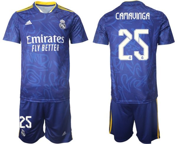 Real Madrid Herren Auswärtstrikot 2022 blau/weiß mit Aufdruck Camavinga 25 – Bild 2