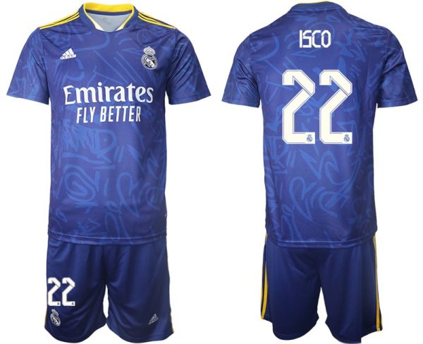 Real Madrid Herren Auswärtstrikot 2022 blau/weiß mit Aufdruck ISCO 22 – Bild 2