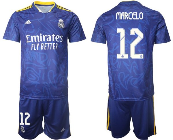 Real Madrid Herren Auswärtstrikot 2022 blau/weiß mit Aufdruck Marcelo 12 – Bild 2