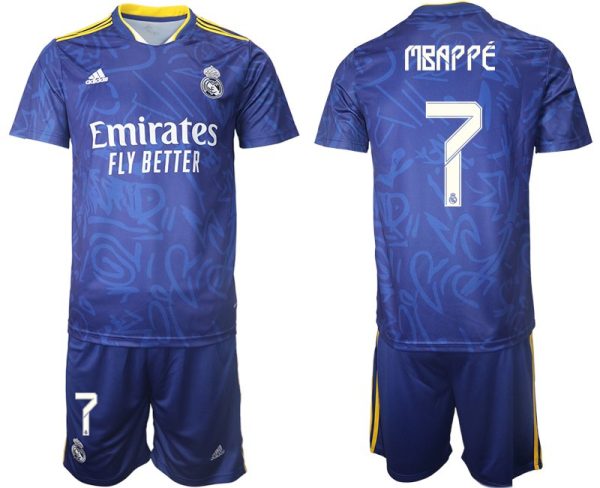 Real Madrid Herren Auswärtstrikot 2022 blau/weiß mit Aufdruck Mbappé 7 – Bild 2