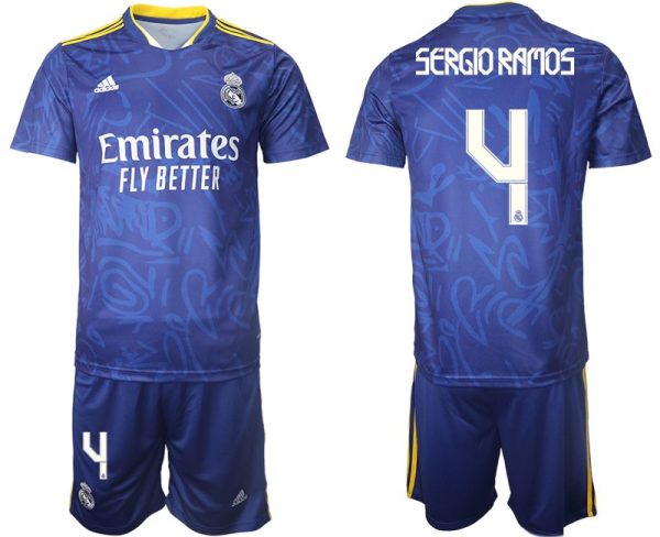 Real Madrid Herren Auswärtstrikot 2022 blau/weiß mit Aufdruck Sergio Ramos 4 – Bild 2