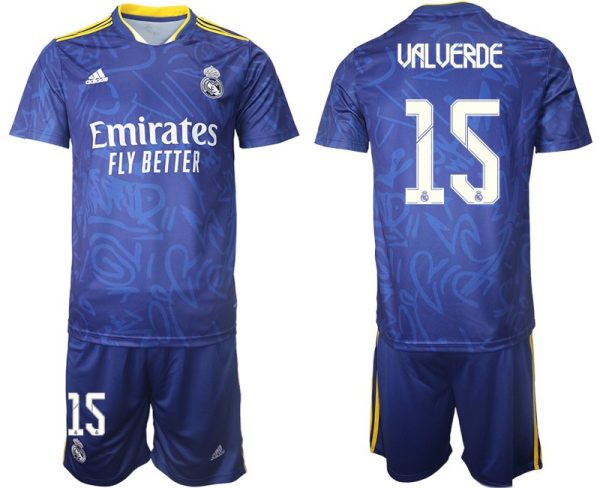 Real Madrid Herren Auswärtstrikot 2022 blau/weiß mit Aufdruck Valverde 15 – Bild 2