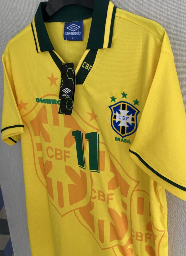 Vintage Signed Brasilien Fußball Heimtrikot 1991-1993 Umbro Cafu Brasil Herren mit Aufdruck ROMÁRIO 11 – Bild 5